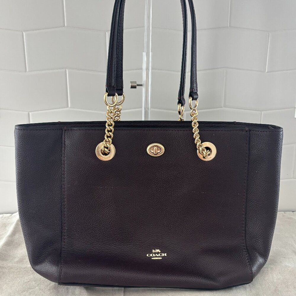 Coach Turnlock Chain Tote - Pebbled Leather - Eggplant/Dark Mauve
